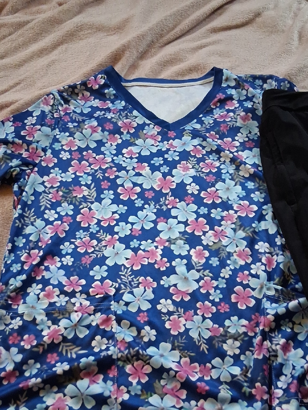 Athleta Navy Floral V-Neck Tee with Pink & Light Blue Blooms These Are Scrubs Fo
